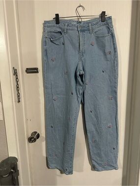 Old Navy Light Blue Straight-Leg Jeans with Pink Floral Embroidery